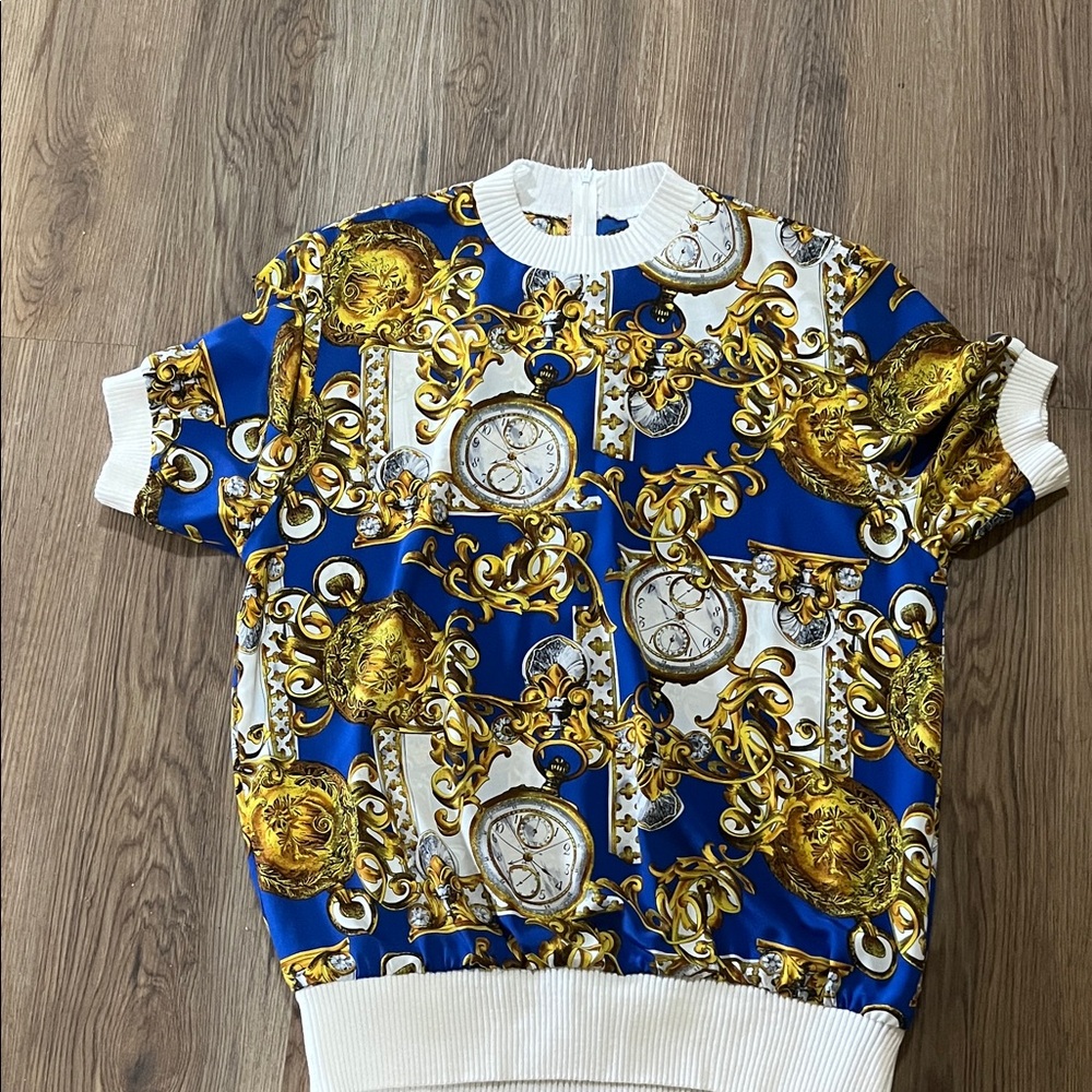 Vtg Caron Blue & Gold Short Sleeve high neck blouse Top size 8
